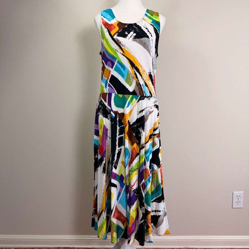 Jams World Monaco Abstract Geometric Print Sleeveless V-Back Midi Dress Large